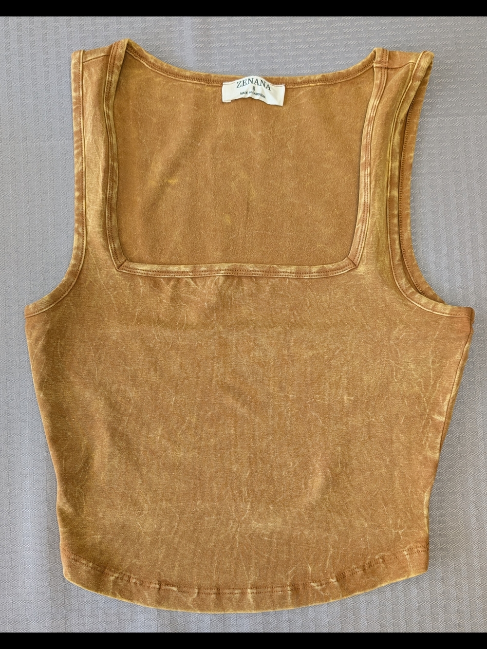 Zenana Women's Deep Camel Stretchy Acid Wash Wide Strap Cotton Tank Crop Top SML